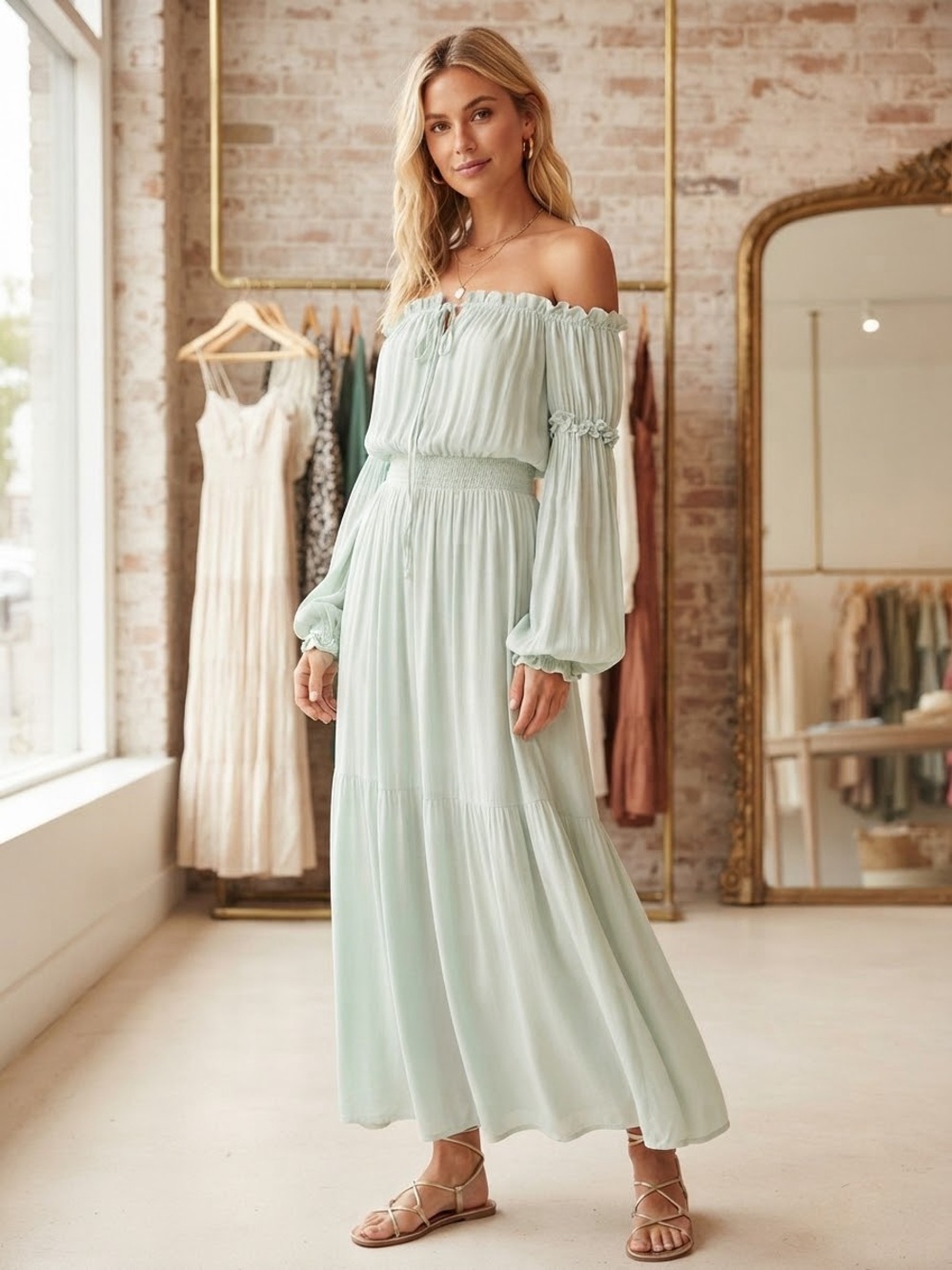 Forever 21 Mint Green Off-Shoulder Maxi Dress